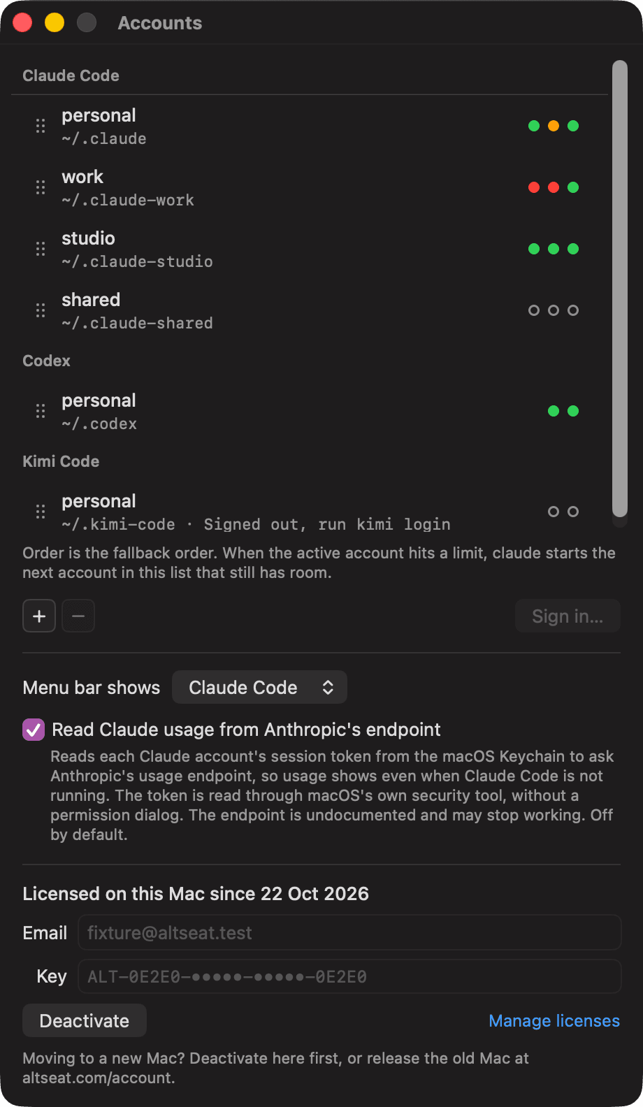 The Altseat Accounts window: accounts grouped by tool, in the order Altseat tries them, and the license.