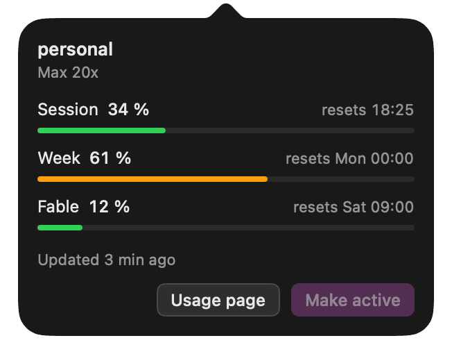 The Altseat usage popover: the meters of one account, one per usage window, with their reset times.