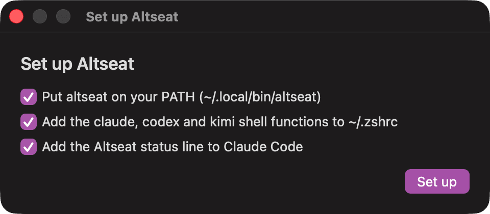 The Set up Altseat window: put altseat on the PATH, add the shell functions and the Claude status line.